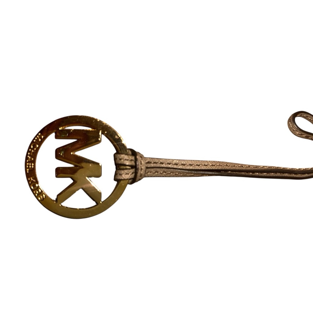 Michael Kors Gold Emblem Keychain with Tan Strap